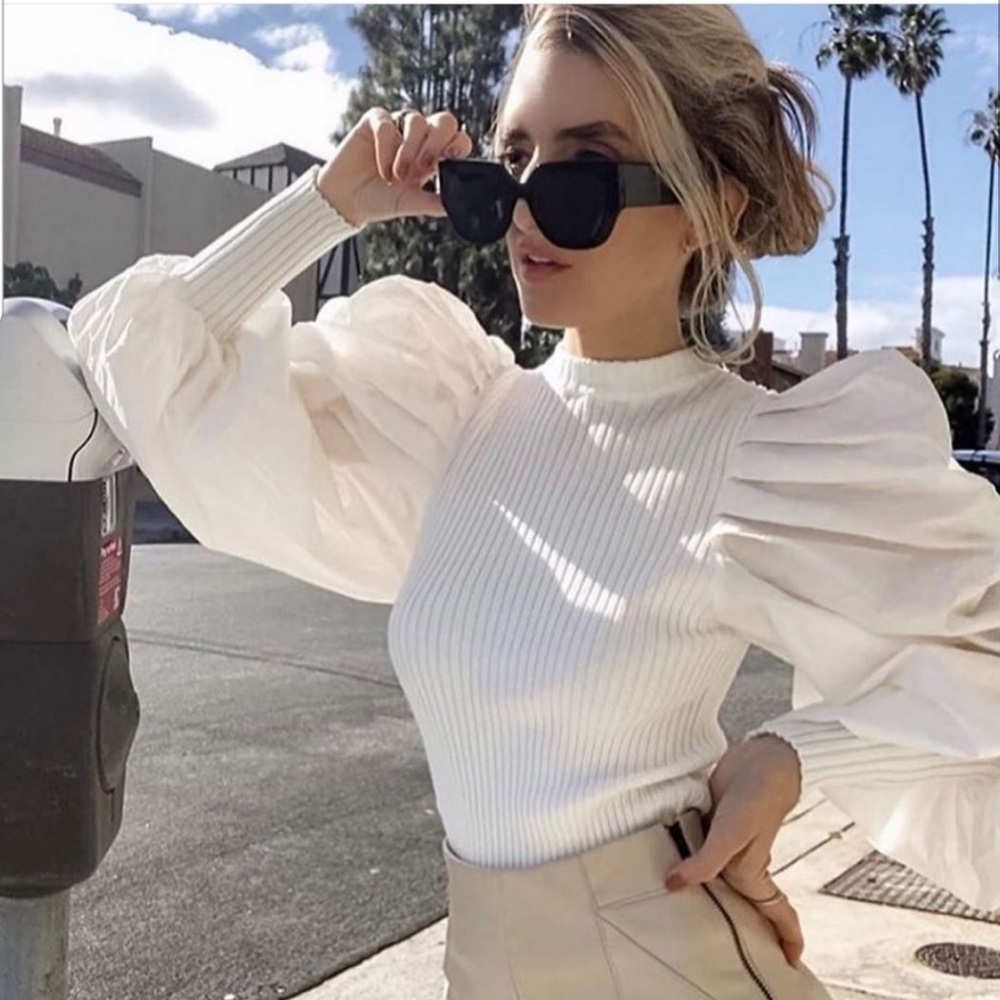 NWT Zara Combination Puff Sleeve Knit Top White - Picture 2 of 11